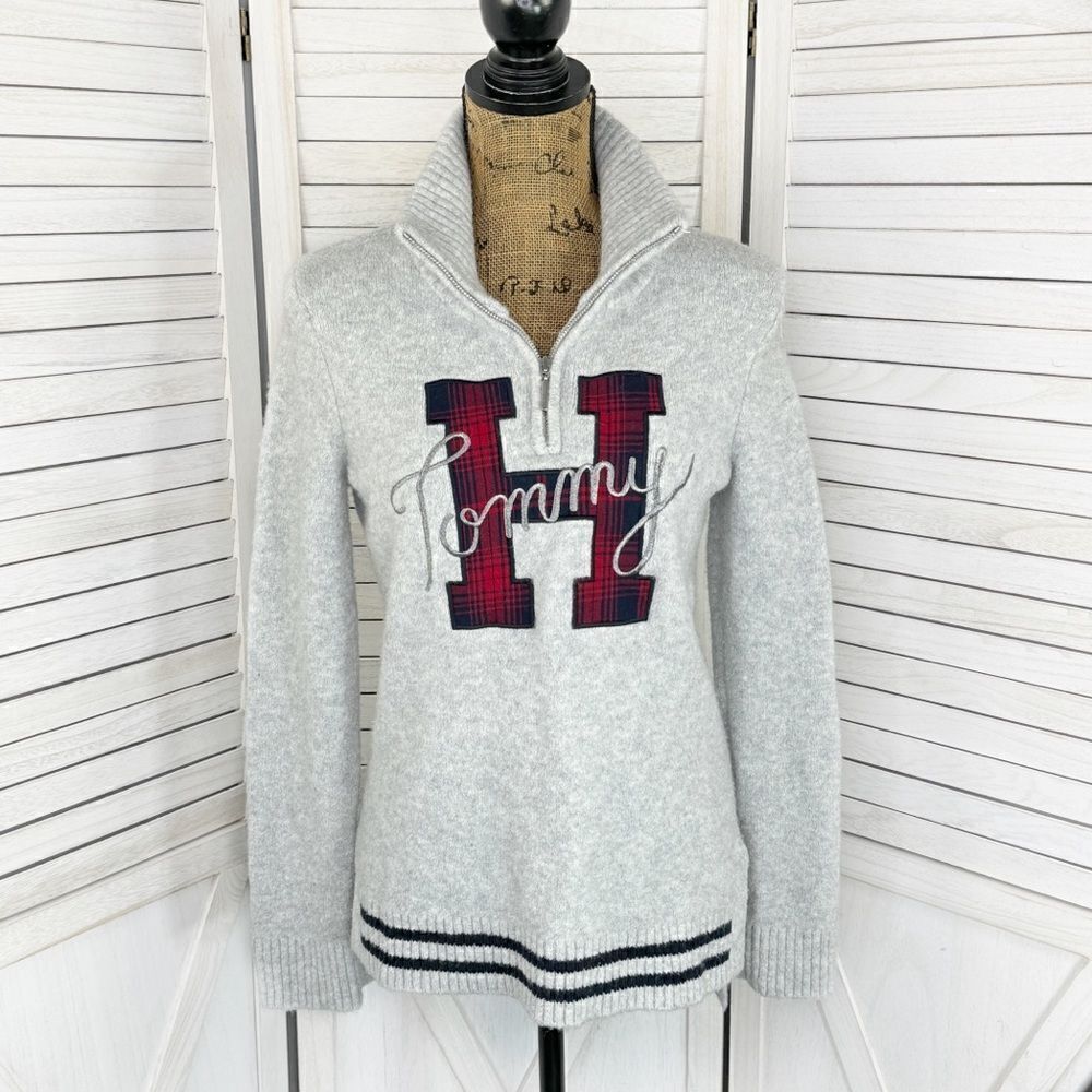 Tommy Hilfiger Logo Patch Varsity Sweater Grey Small Wool Blend Quarter Zip Prep